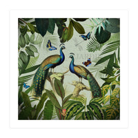 Vintage Exotic Asian Peacocks In Tropical Jungle Landscape (Print Only)