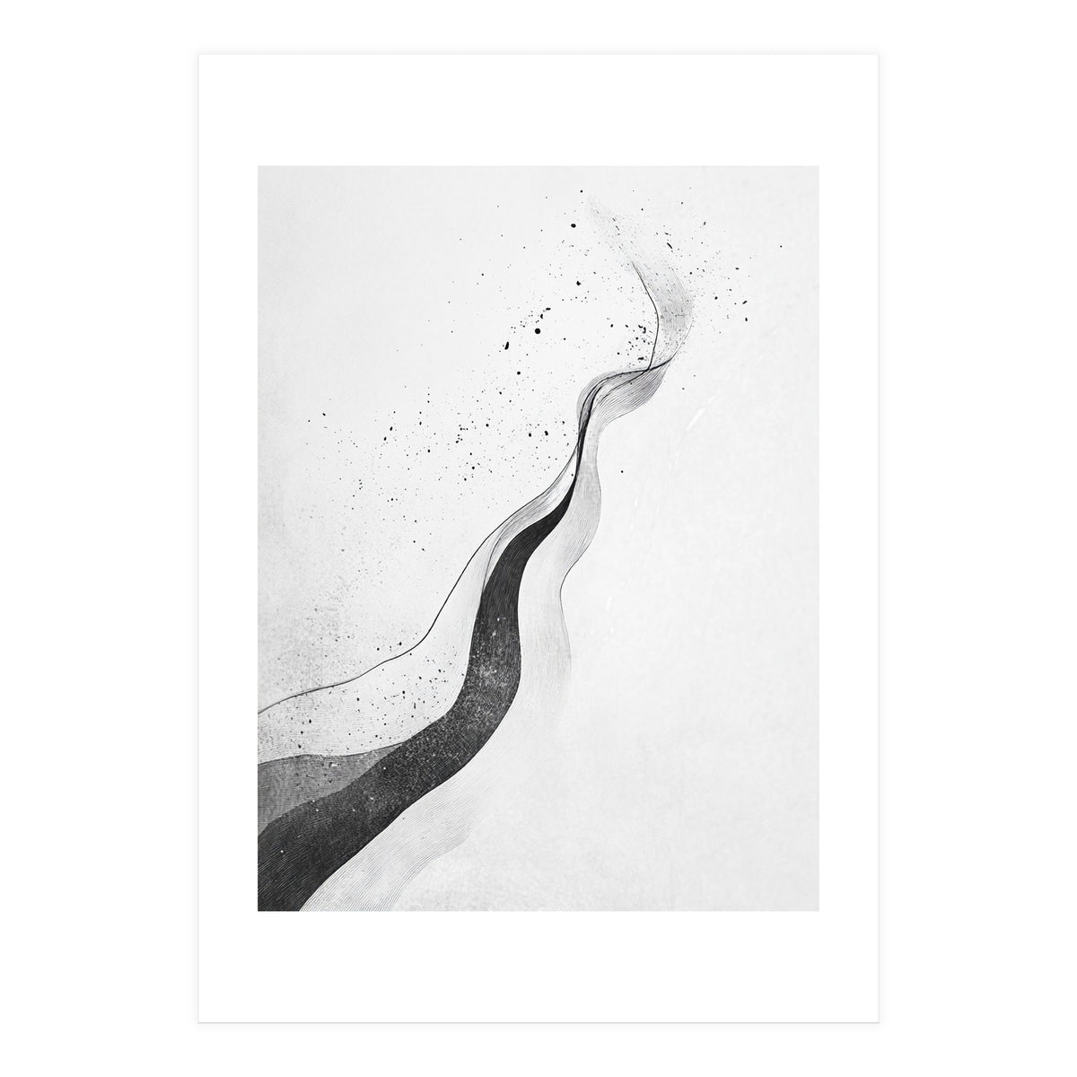 Abstract Black And White Ink Flowing Lines With Splatter (Print Only)