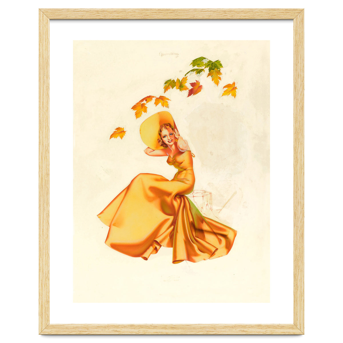 Woman Posing In Yellow Dress And Autumn Leafs