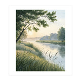 Serene River Sunrise Watercolor Painting with Meadow Grasses and Warm Golden Atmosphere Landscape (Print Only) thumbnail