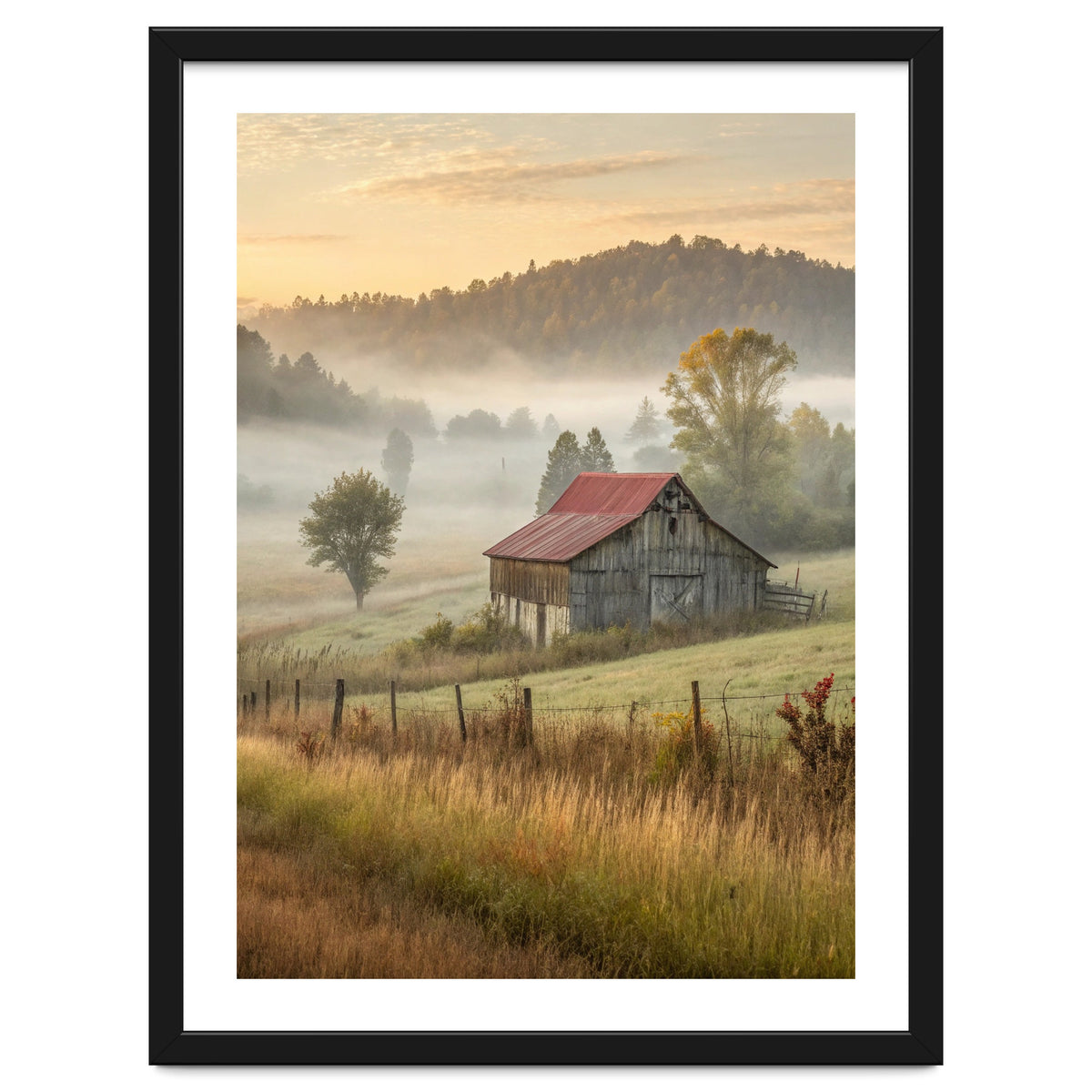Rustic Red Roof Barn in Misty Morning Valley Landscape