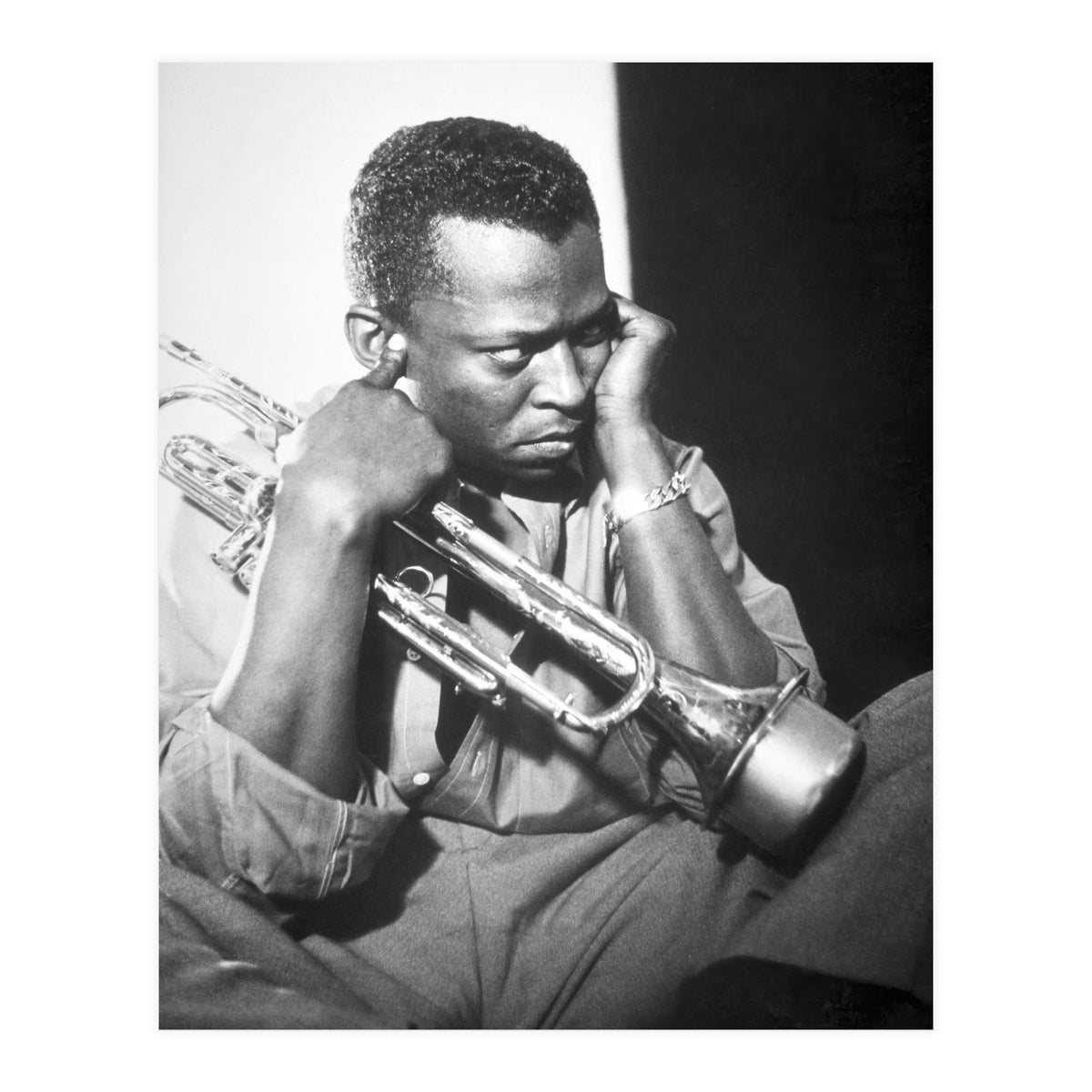 Jazz trumpeter Miles Davis early in his career playing in New York City, circa 1955. (Print Only)