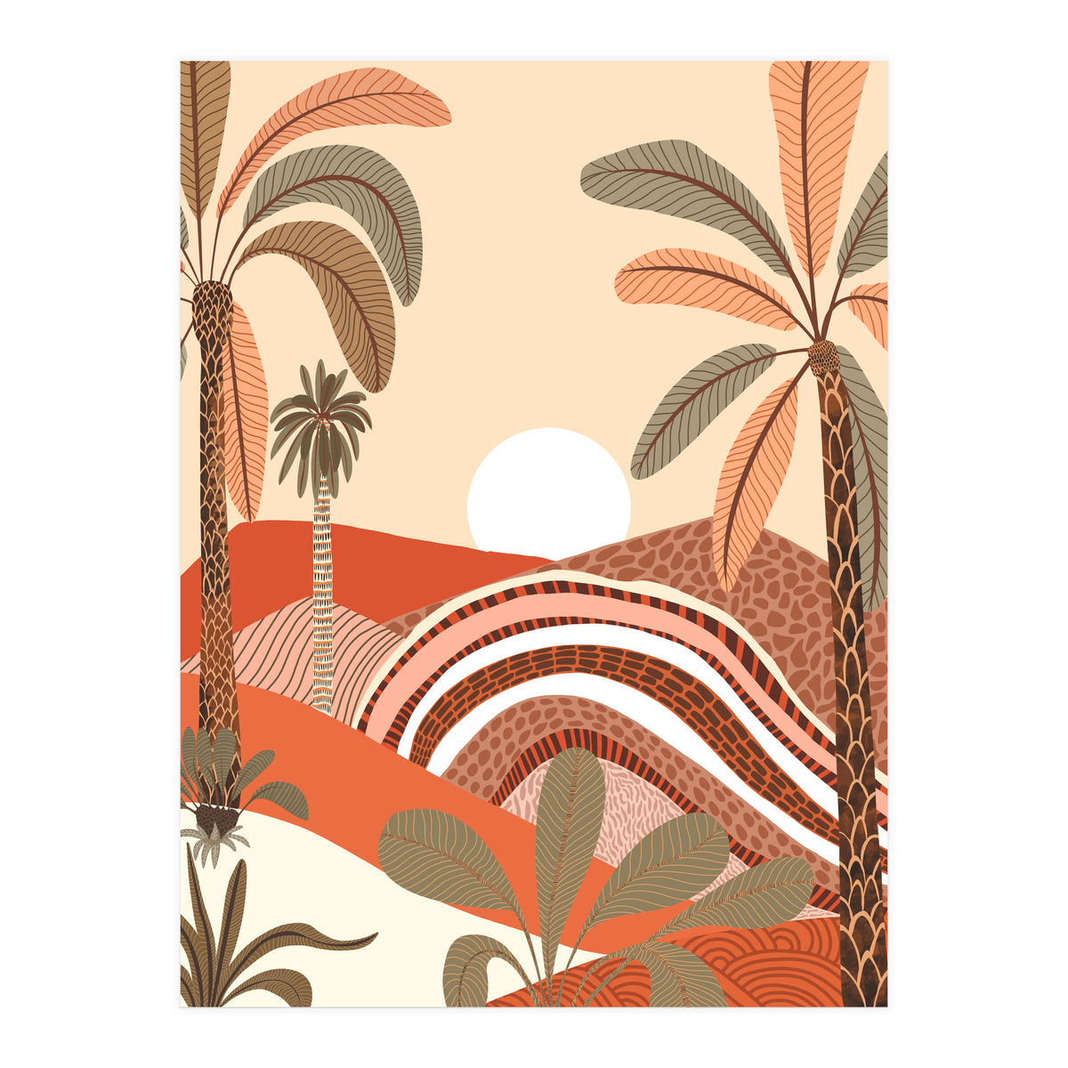 Epiphany, Pastel Rustic Sunrise Sunset, Bohemian Nature Landscape Illustration, Mountains Adventure Palm Trees (Print Only)