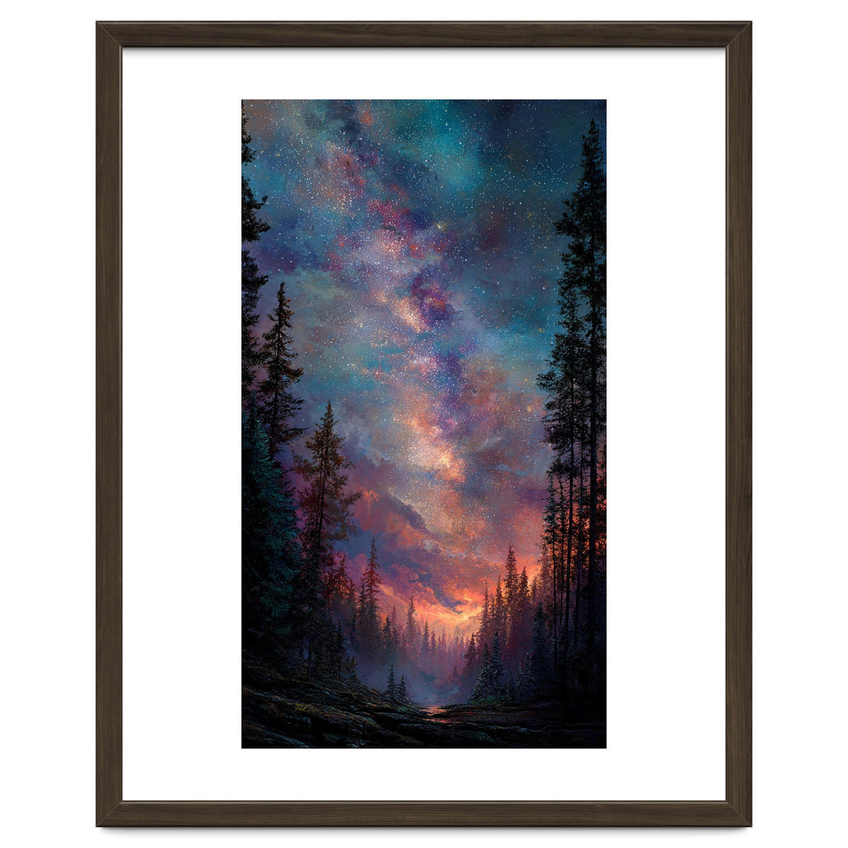 Magical Milky Way Night Sky over Pine Forest Silhouette Art