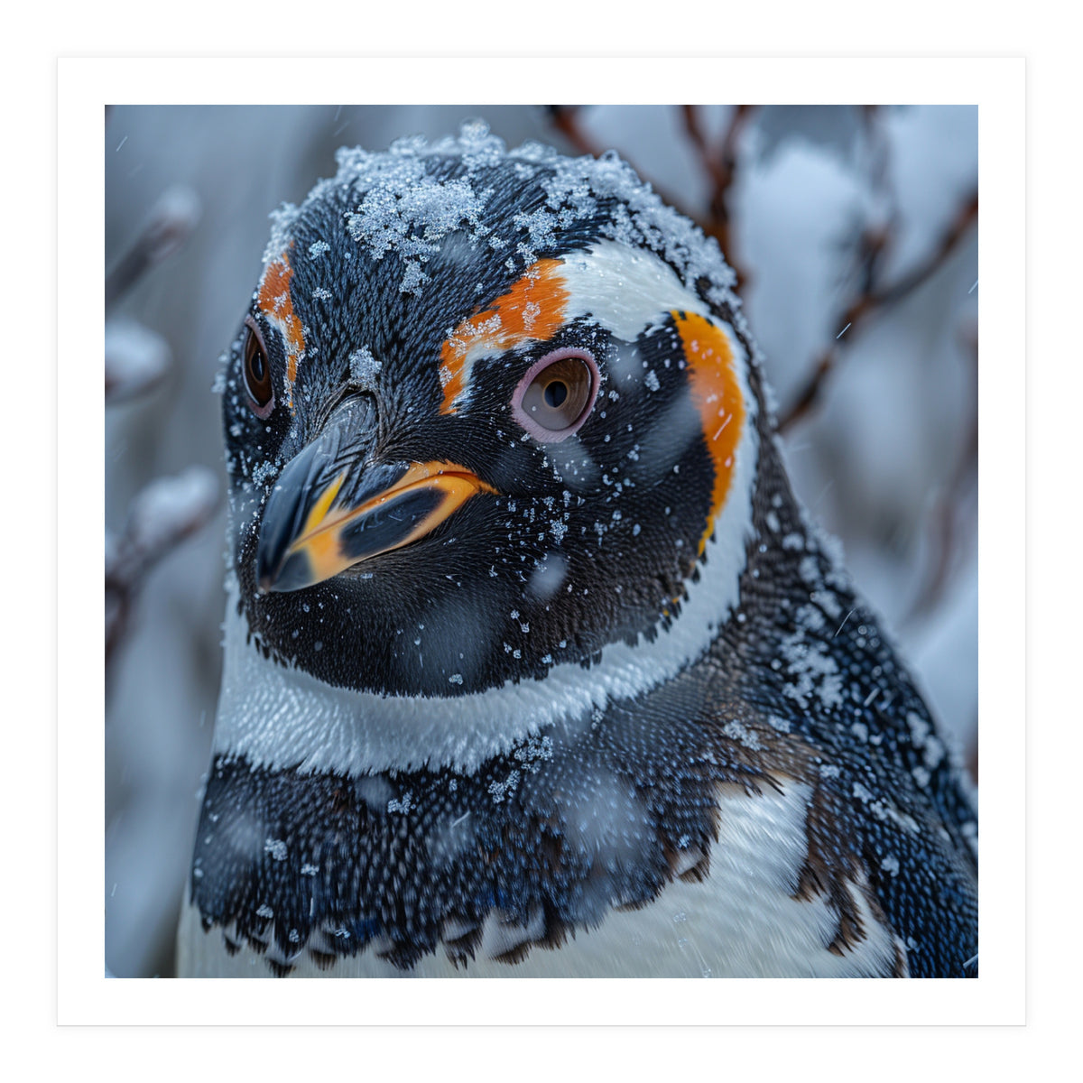 Penguin In Snow Falling Close Up Portrait (Print Only)