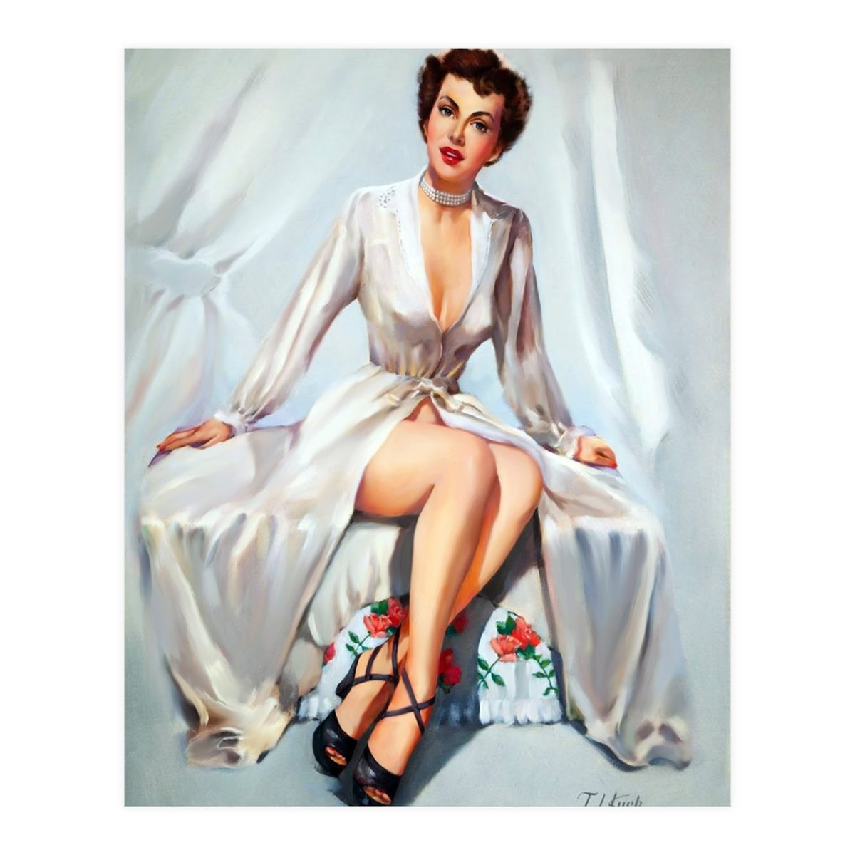 Beautiful Sexy Pinup In Posing Long White Dress (Print Only)