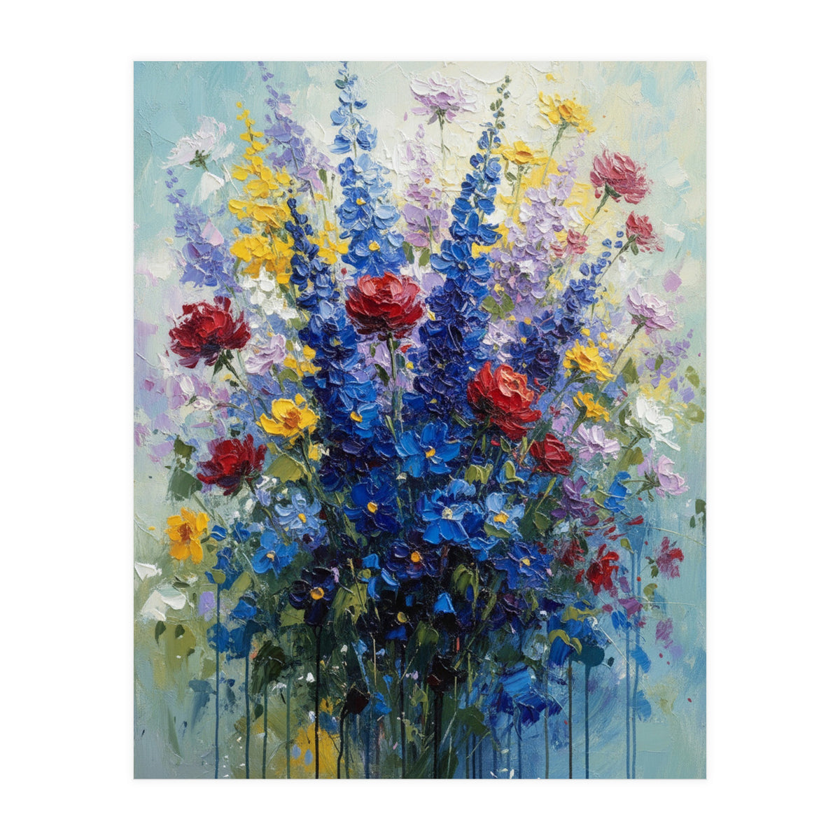 Vibrant Blue Delphinium and Red Rose Heavy Impasto Oil Painting (Print Only)