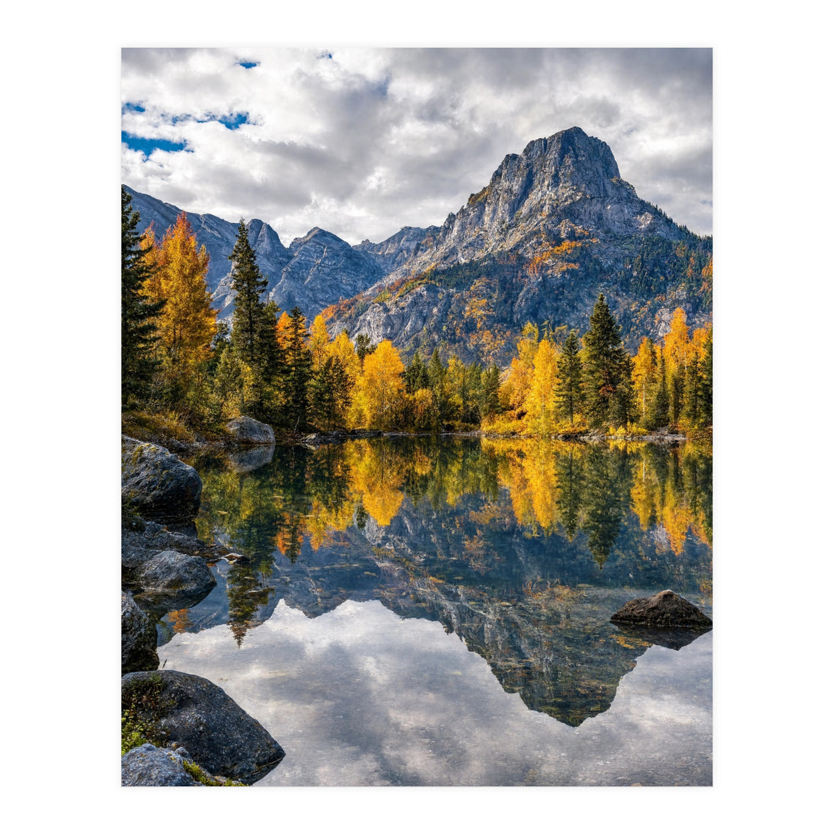 Golden Autumn Reflection: Majestic Mountain Wilderness Landscape (Print Only)