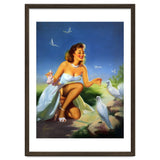 Beautiful Pinup Girl Feeding White Pigeons thumbnail