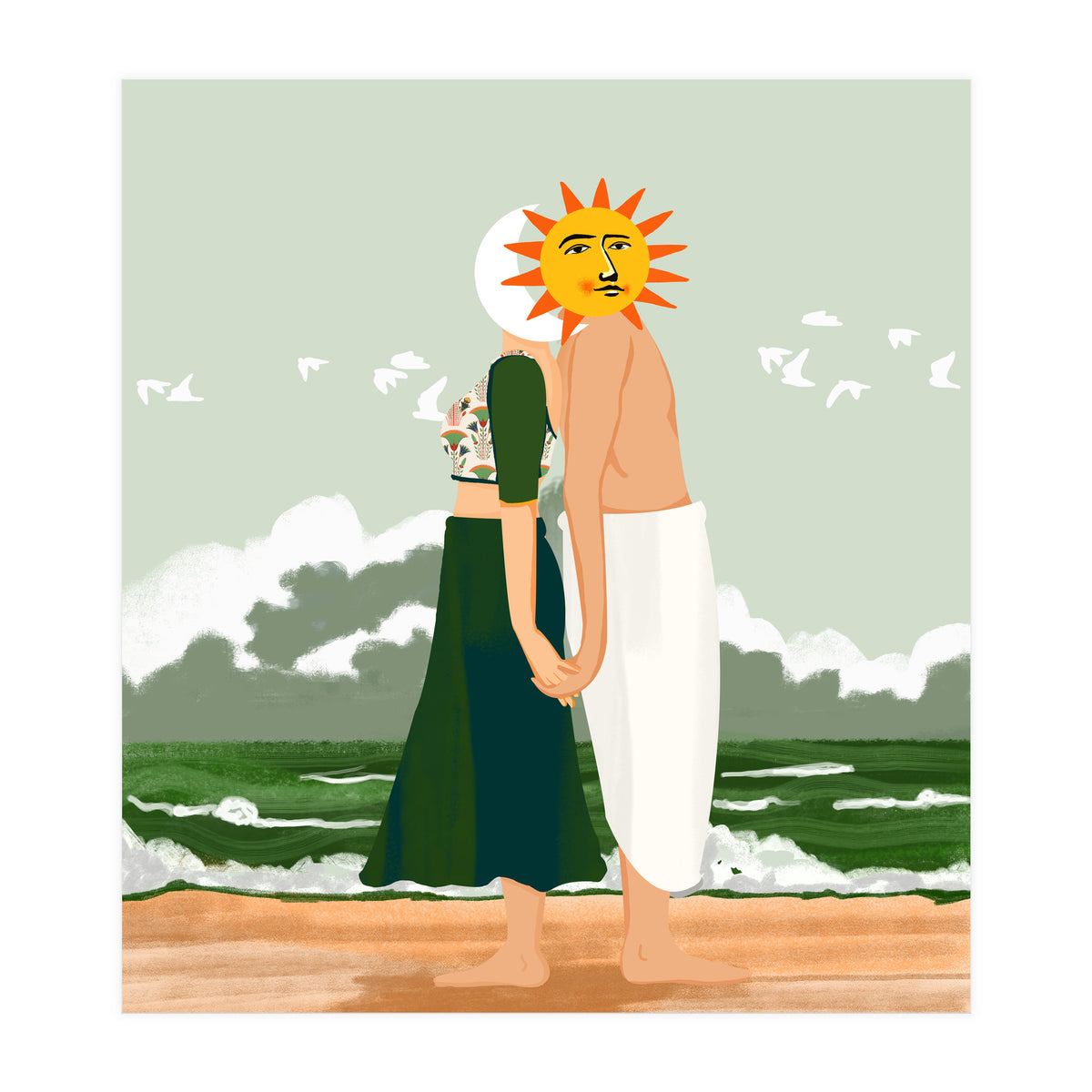 Celestial Union, Sun & Moon Love Couple, Ocean Sea Beach Landscape Nature, Summer Bohemian People (Print Only)