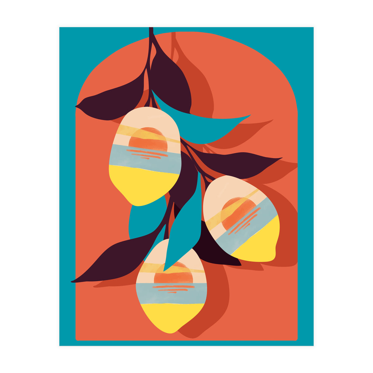 Lemon Sunset, Eclectic Botanical Colorful Bohemian Fruits, Food Pop Of Color Lime Retro (Print Only)