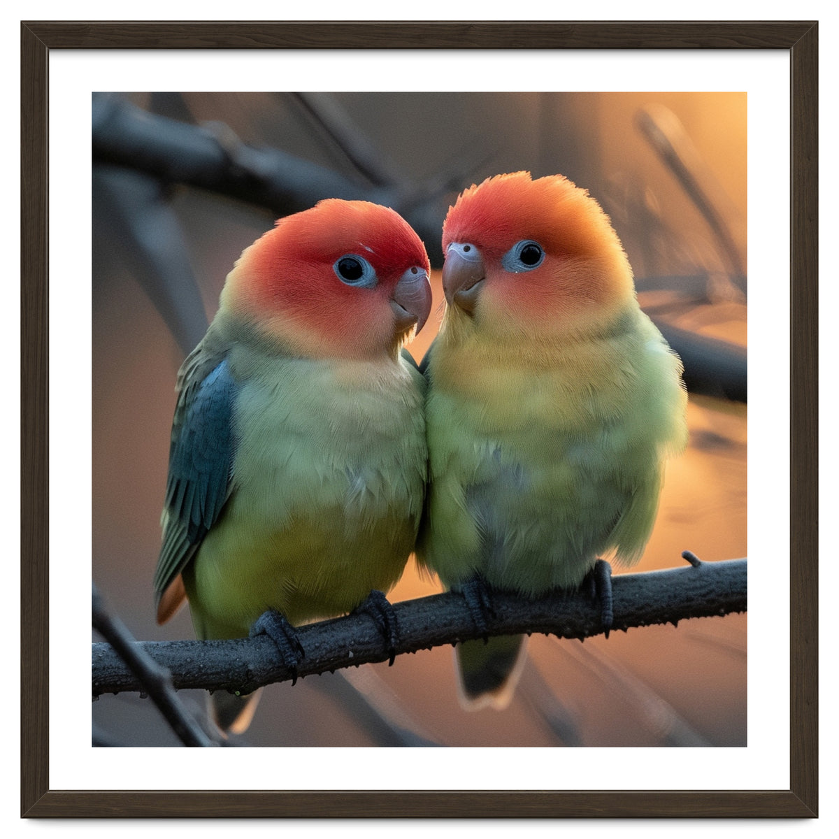 Two Lovebirds Perched On A Branch At Sunset