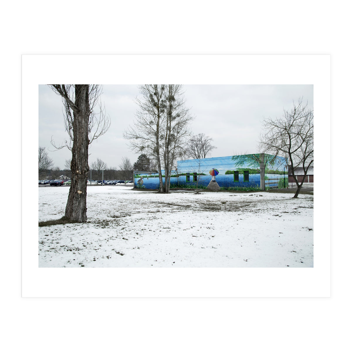 Colorful barn in the snowy ground landscape (Print Only)