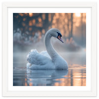 Serene White Swan Gliding On Misty Water