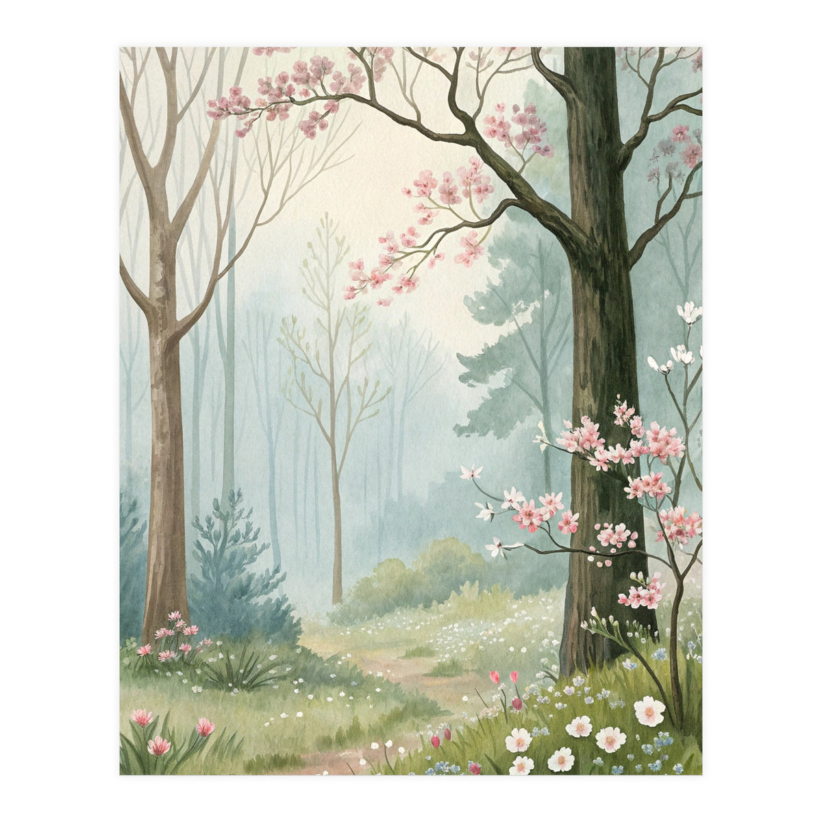 Enchanted Spring Woodland Path with Blooming Cherry Blossoms and Misty Pastel Forest Atmosphere (Print Only)