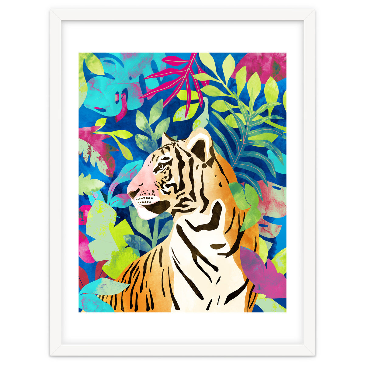 Tropical Tiger, Animal Jungle Watercolor Painting, Nature Travel Wild Botanical