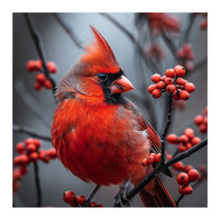 Northern Cardinal Bird Perched Among Red Berries (Print Only)