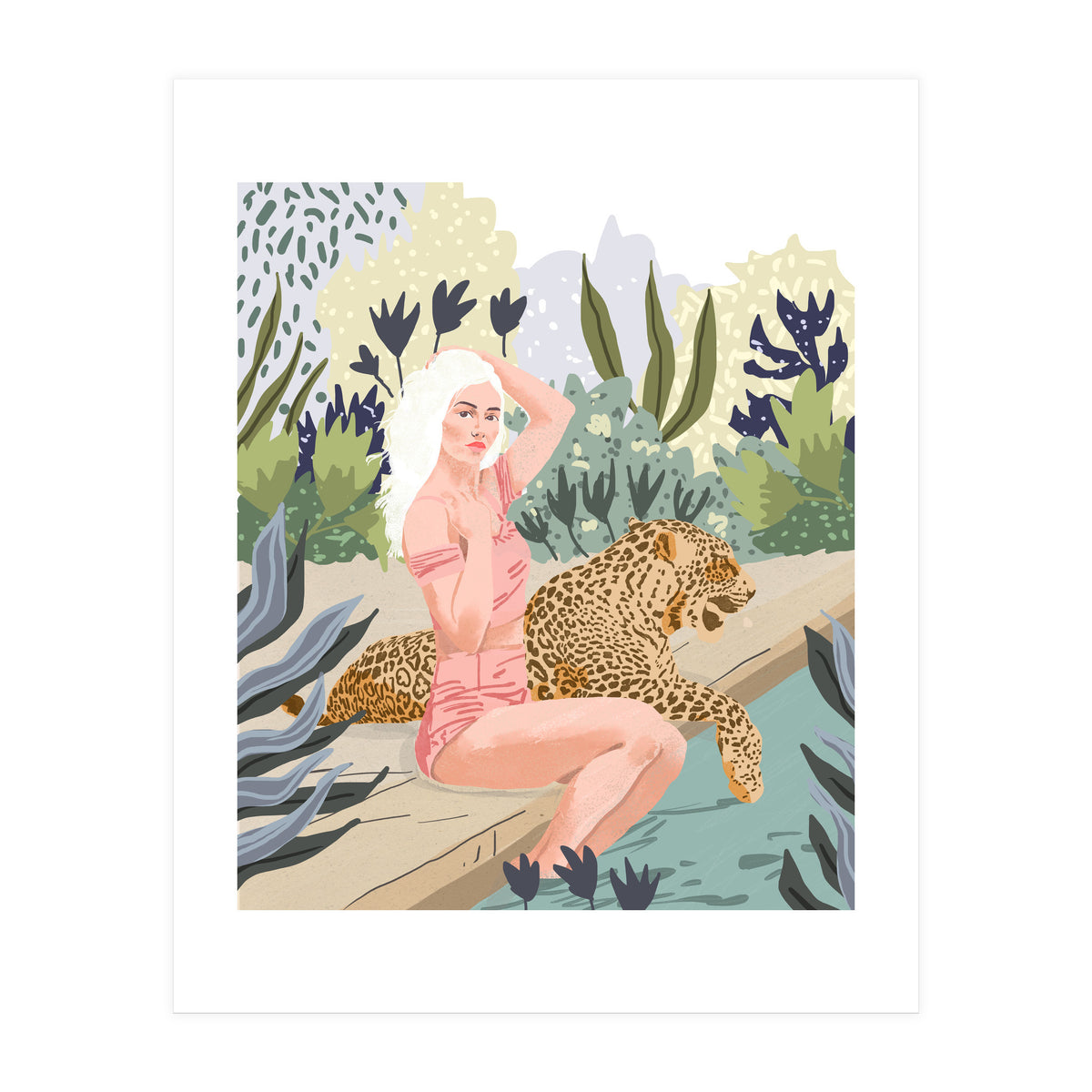 How to Train Your Leopard, Wild Cat Bohemian Woman Painting, Swimming Pool Bikini Summer Swim Animal (Print Only)