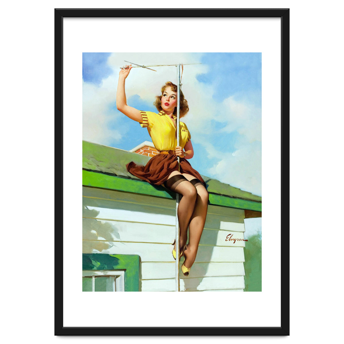 Pinup Sexy Girl Setting Up The Antenna On The Roof