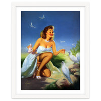 Beautiful Pinup Girl Feeding White Pigeons