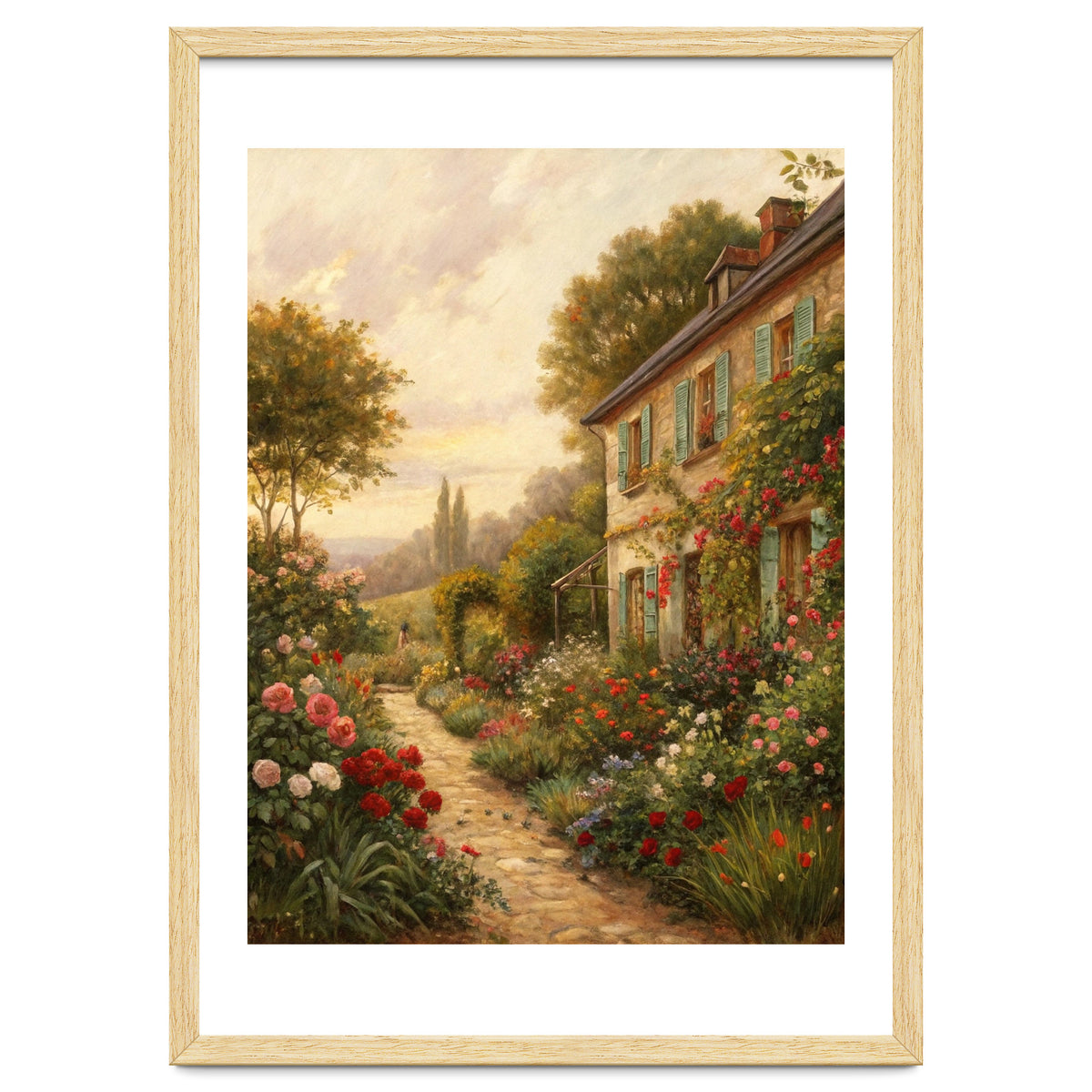Idyllic Sunlit Cottage Garden Oil Painting