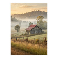 Rustic Red Roof Barn in Misty Morning Valley Landscape (Print Only)
