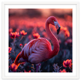 Pink Flamingo Bird Standing Among Flowers At Sunset thumbnail
