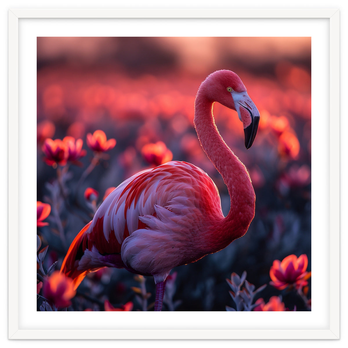 Pink Flamingo Bird Standing Among Flowers At Sunset
