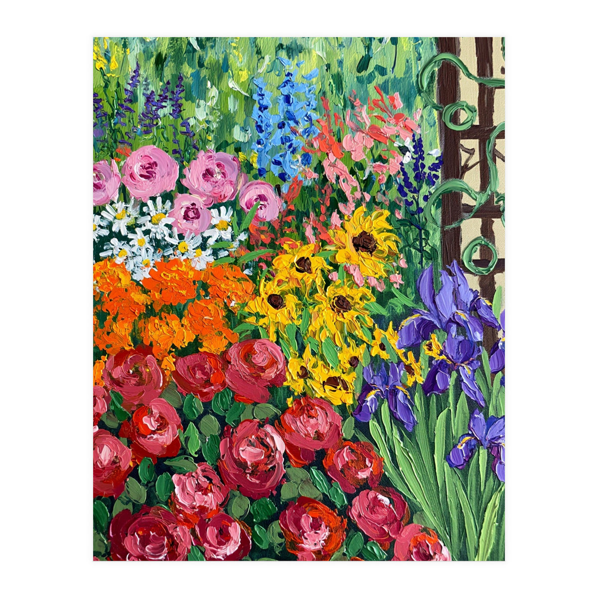 Vibrant Summer Cottage Garden Oil Painting (Print Only)