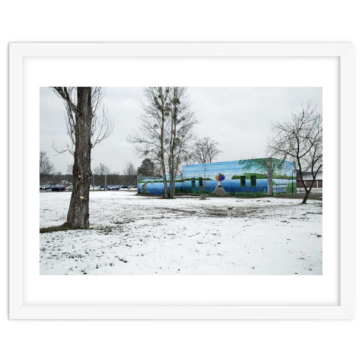 Colorful barn in the snowy ground landscape