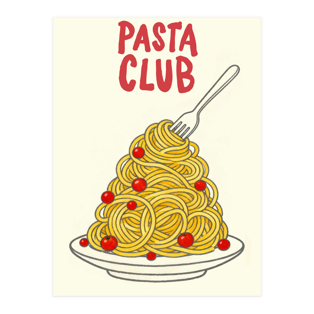 Pasta Club Illustration, Spaghetti and Tomatoes Art Print for Kitchen Wall Decor (Print Only)