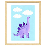 Purple Stegosaurus Watercolor Art, Cute Dinosaur Nursery Print, Dino and Clouds Illustration thumbnail