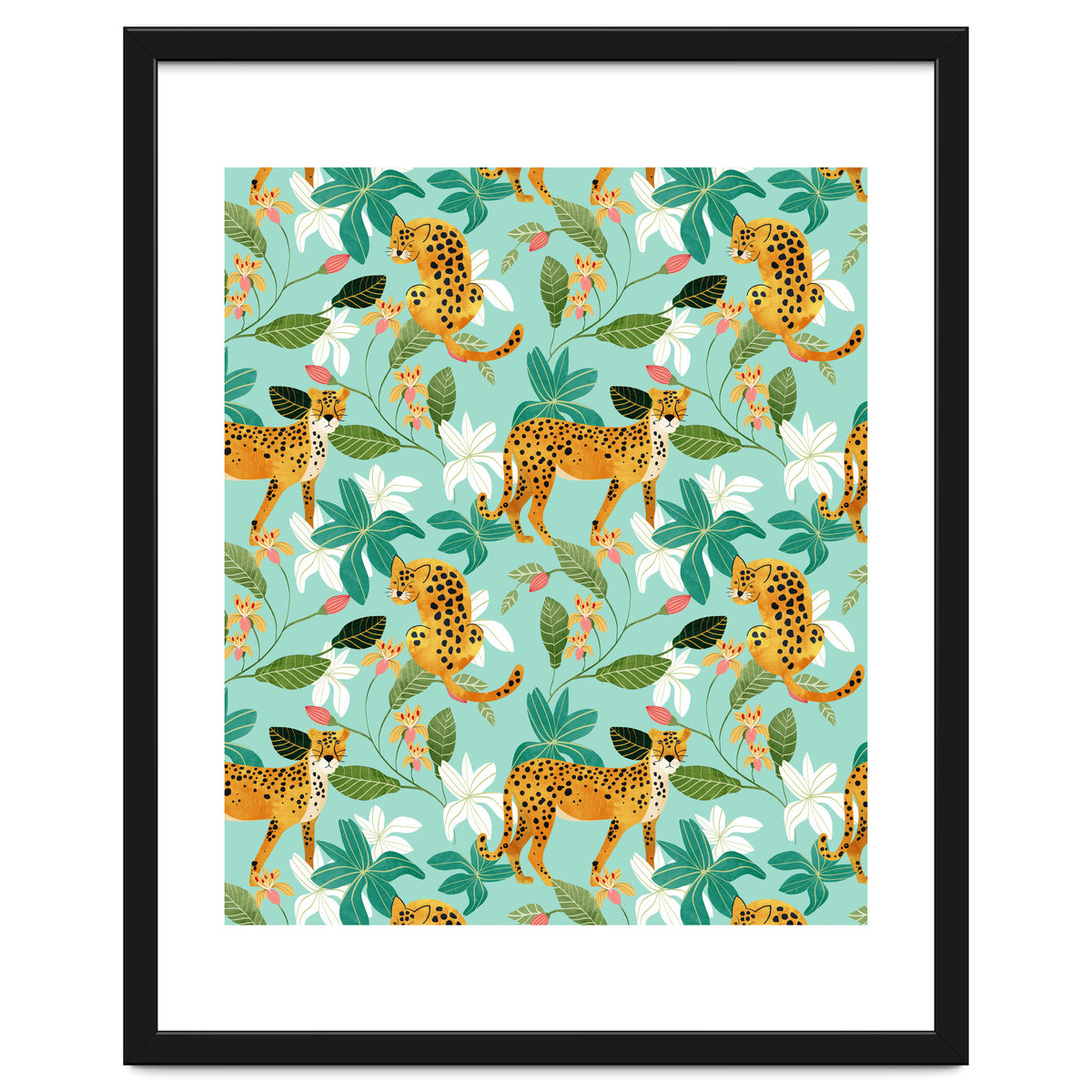 Cheetah Jungle, Wildlife Nature Wild Cats Tigers Leopard Botanical Animals Mint Quirky Illustration
