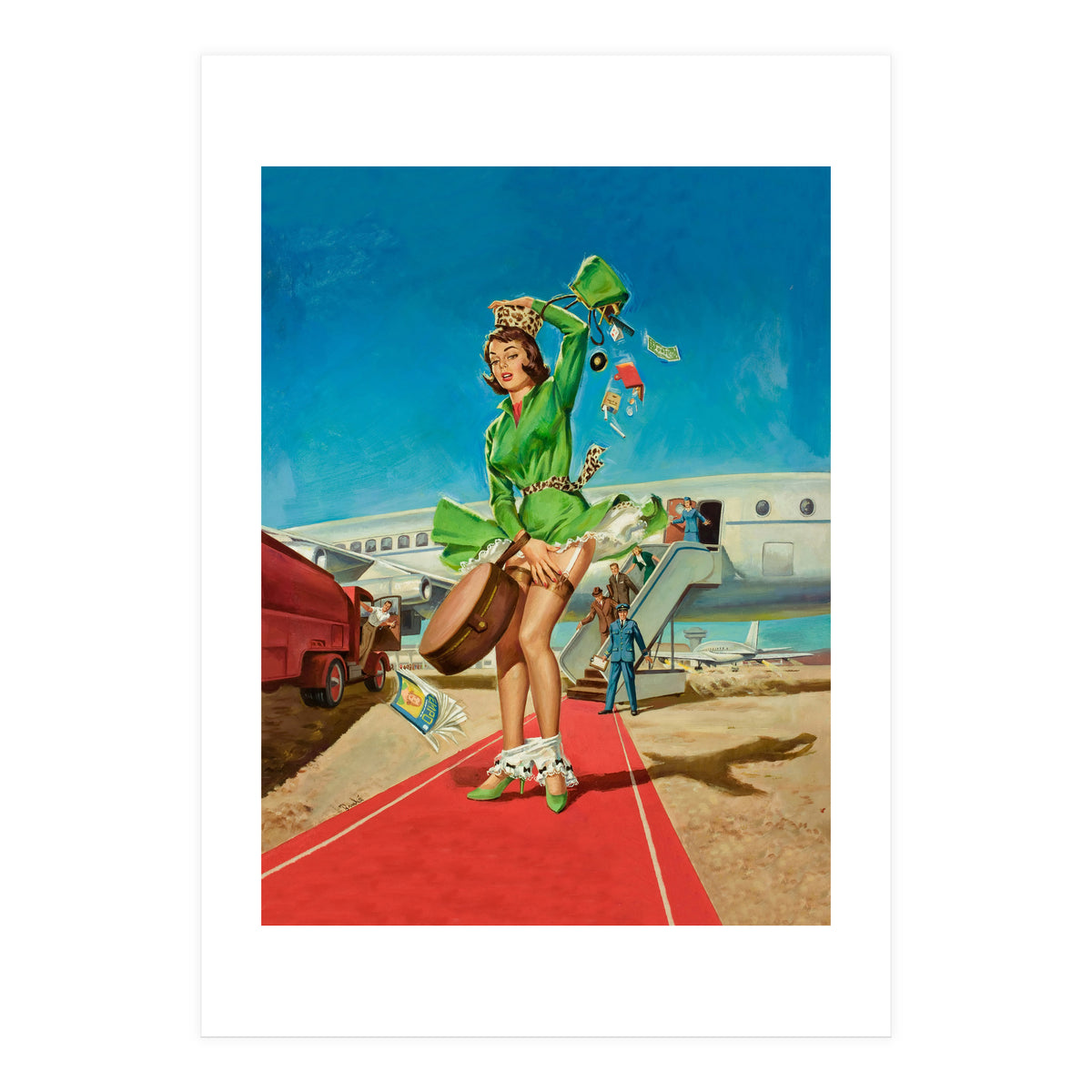 Sexy Pinup Brunette Experiencing Sudden Wind At The Airport (Print Only)