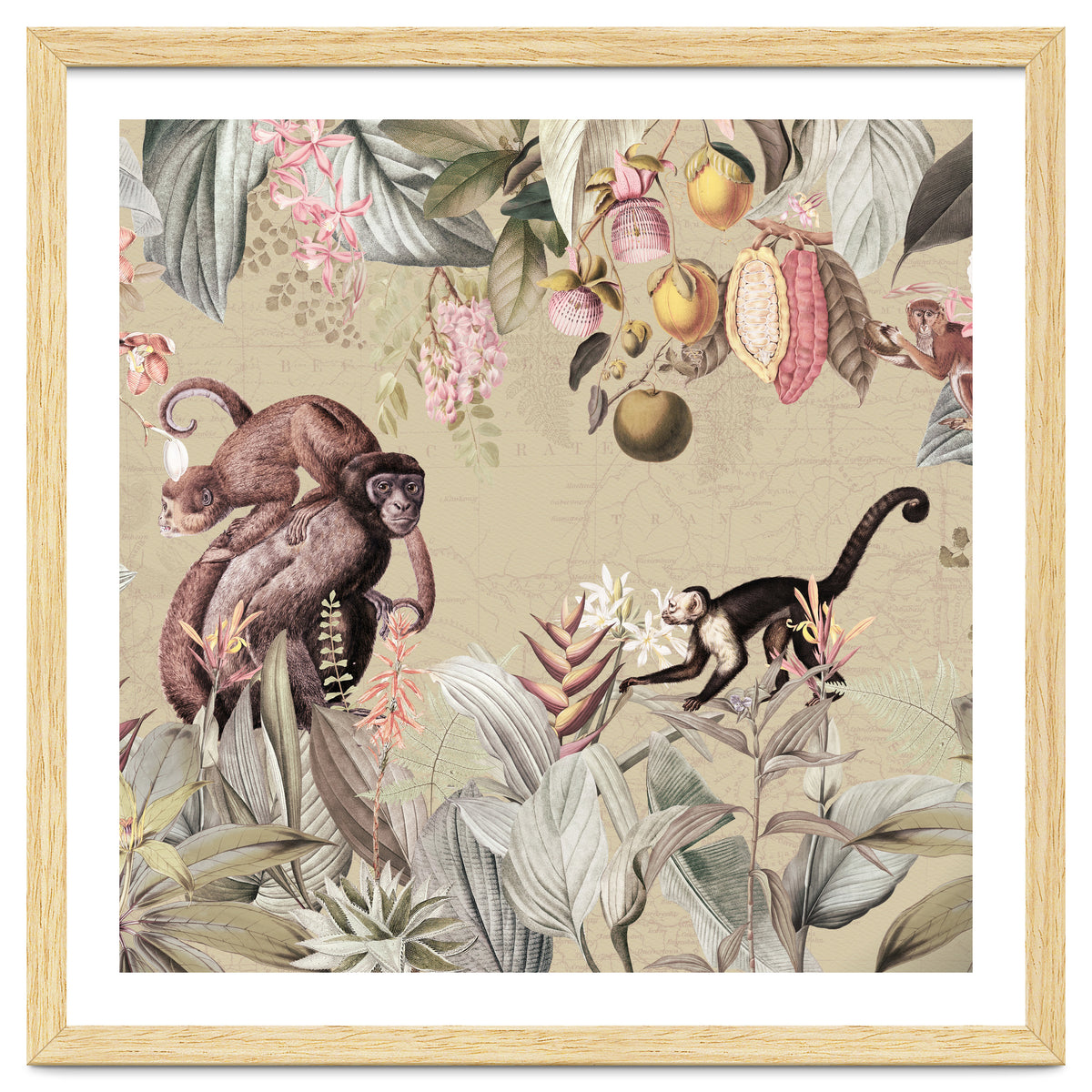 Vintage Exotic Monkeys In African Jungle Landscape