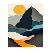 Minimalist Layered Mountain Landscape with Golden Sun (Print Only)