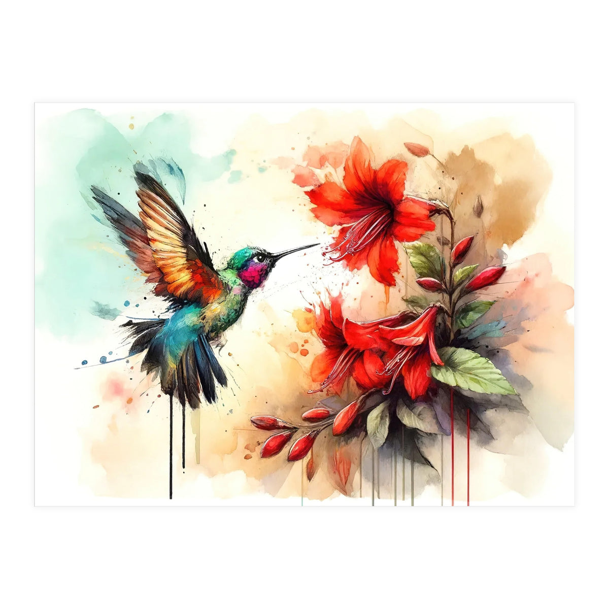Dance Of Hummingbird And Crimson Flowers (Print Only)