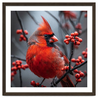 Northern Cardinal Bird Perched Among Red Berries