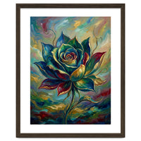 Enchanted Teal and Gold Rose Impasto Oil Painting