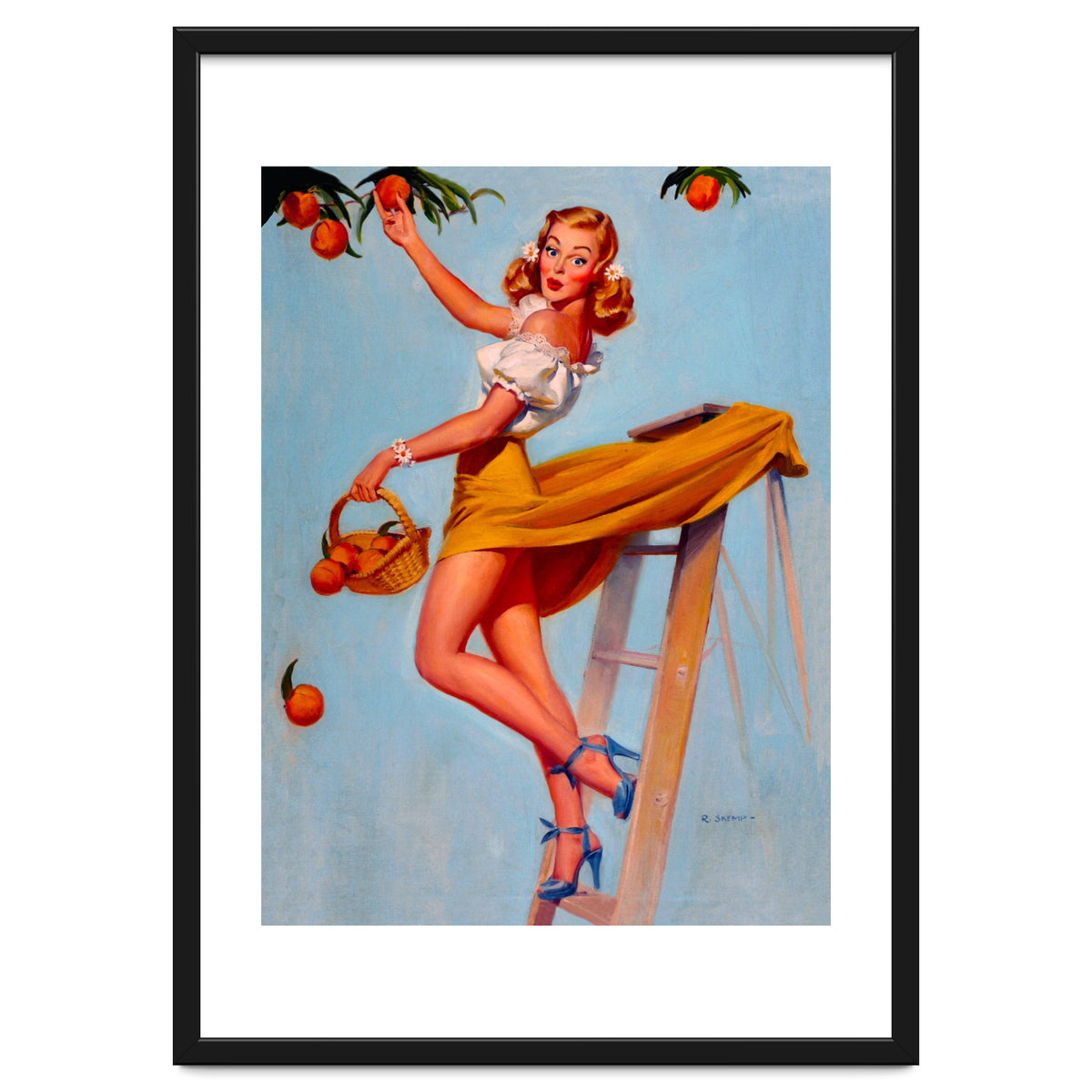 Pinup Sexy Woman Picking Oranges On A Tree Branch