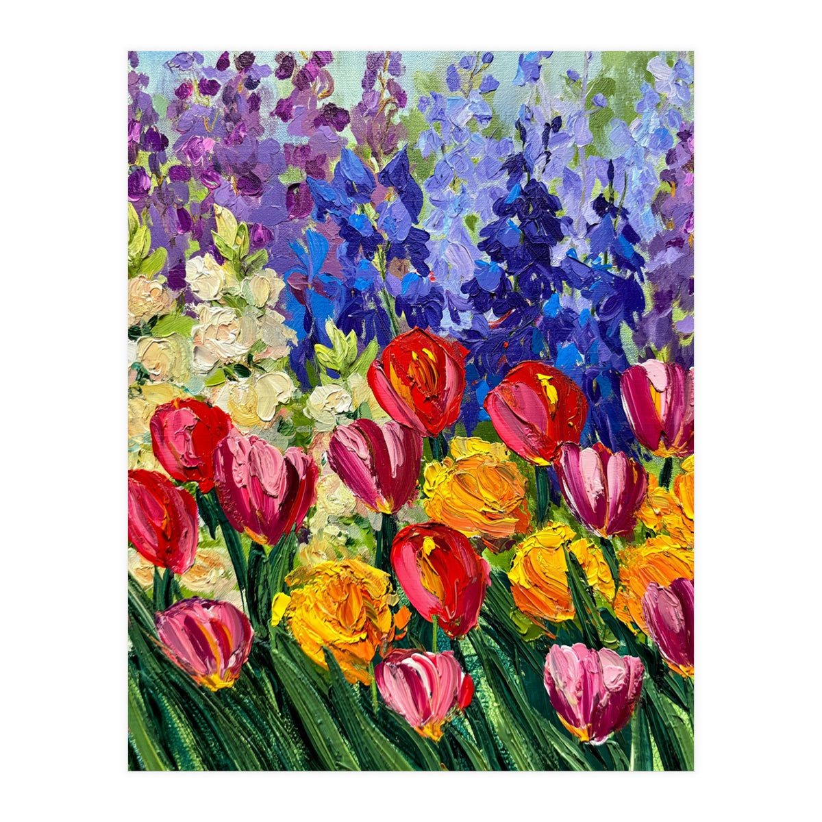 Vibrant Summer Tulip Garden Oil Painting (Print Only)