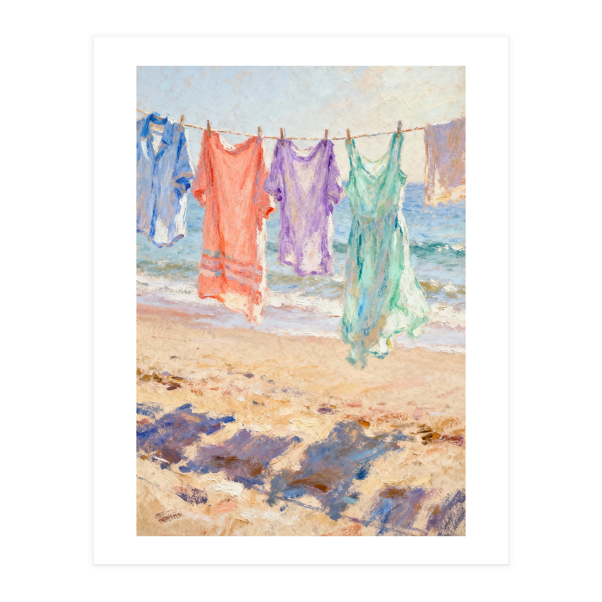 Laundry Drying by the Sea, Colorful Clothes on a Beach Clothesline, Coastal Summer Pastel Painting, Relaxing Ocean Shore Art Print (Print Only)