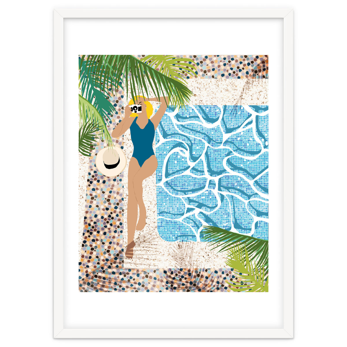 Click, Summer Travel Poolside Swim, Moroccan Tiles Staycation Vacation Holiday, Bohemian Woman Swimsuit Fashion Pose