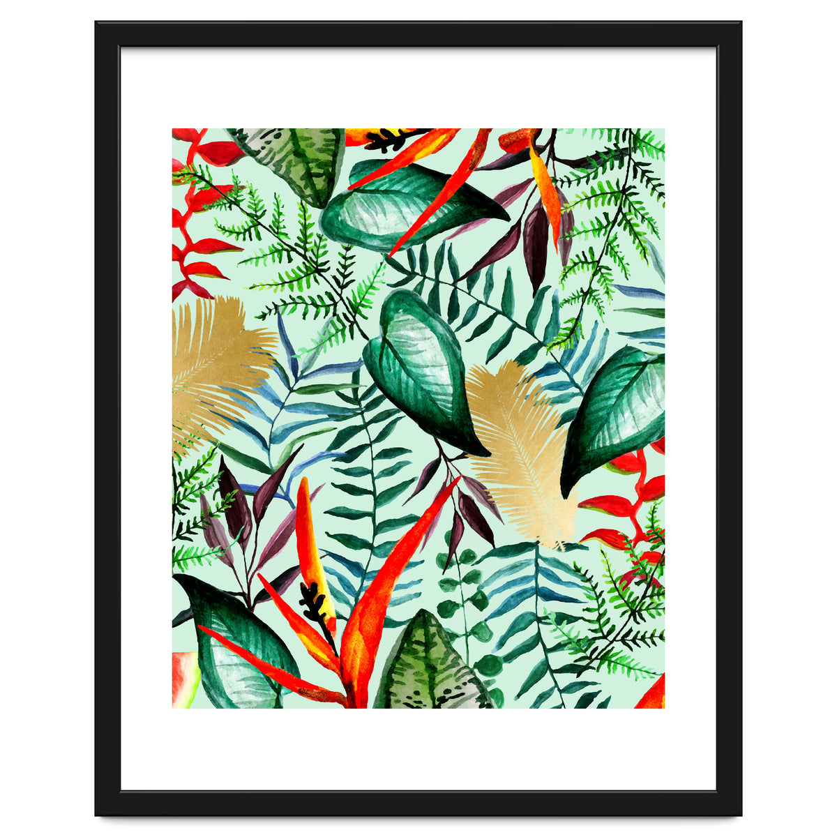 Paradise, Tropical Jungle Botanical Bohemian Illustration, Palm Bird of Paradise Gold Painting