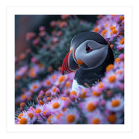 Puffin Bird Among Pink Flowers  (Print Only)