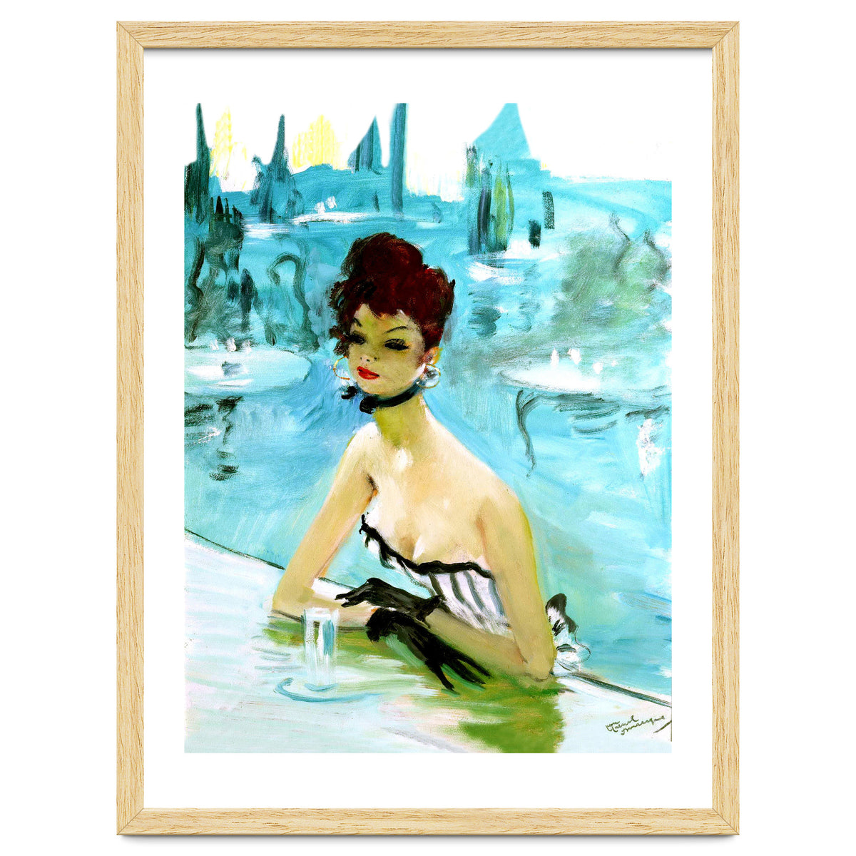 Pinup Girl In Cafe, Watercolor Painting