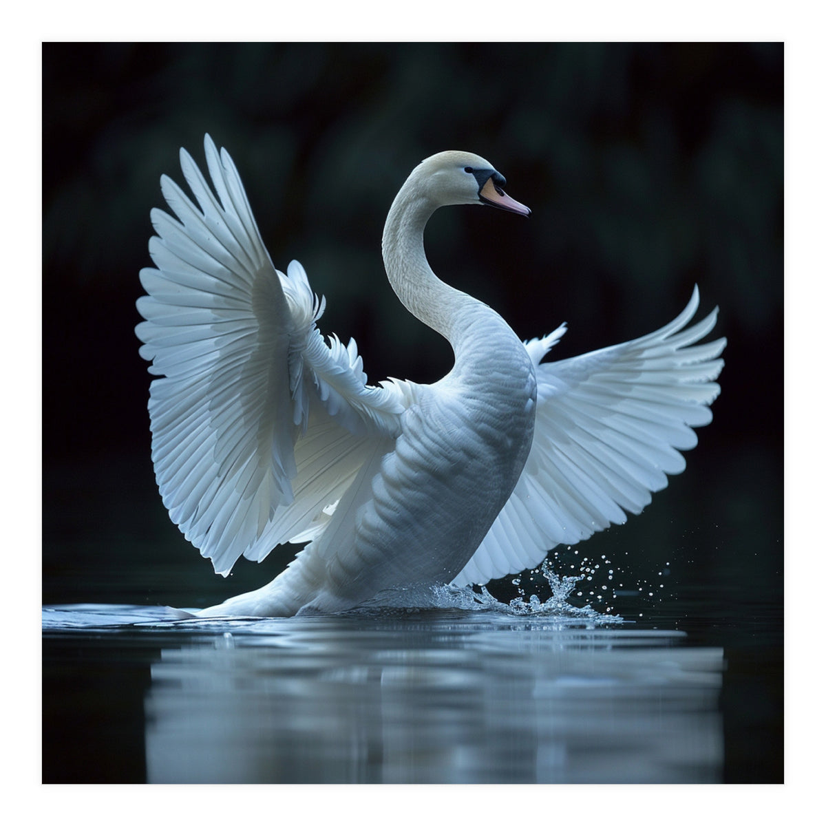 Majestic White Swan Spreading Wings On Water (Print Only)