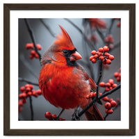 Northern Cardinal Bird Perched Among Red Berries