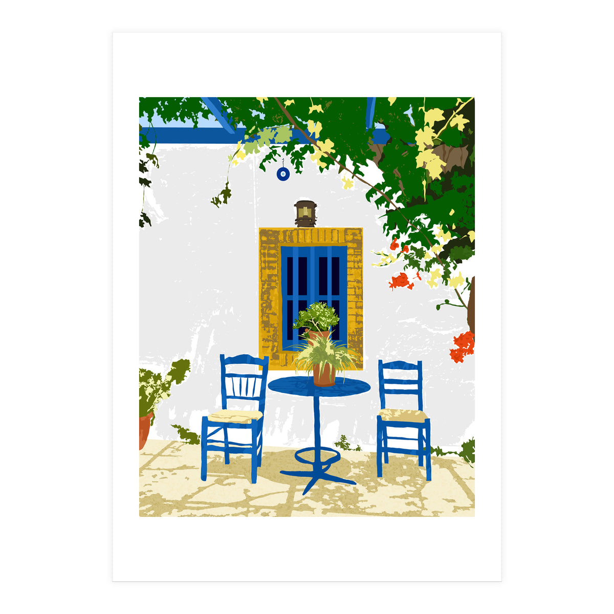 Greek Vacay For Two, Evil Eye Santorini Travel Summer, Eclectic Travel Architecture White Buildings Cafe (Print Only)