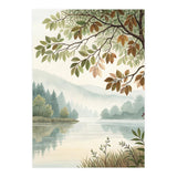Tranquil Lakeside Forest Watercolor Painting with Overhanging Autumn Branches and Misty Mountain Reflection (Print Only) thumbnail